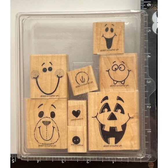 1997 STAMPIN' UP! FUN FACES Wood Mounted Rubber Stamp set of 8 PUMPKIN HALLOWEEN - Picture 2 of 5